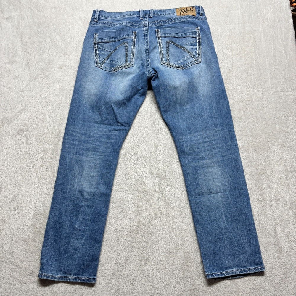 TK‎ Axel Athletic Fit Jeans Mens 36x31 Med Blue Wash Whiskered Straight Denim
